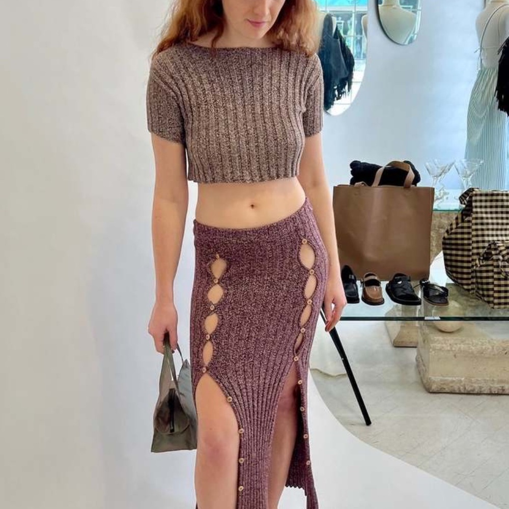 BASERANGE The Macau T-Shirt Organic Rib Knit In Grey Brown Melange Cropped S